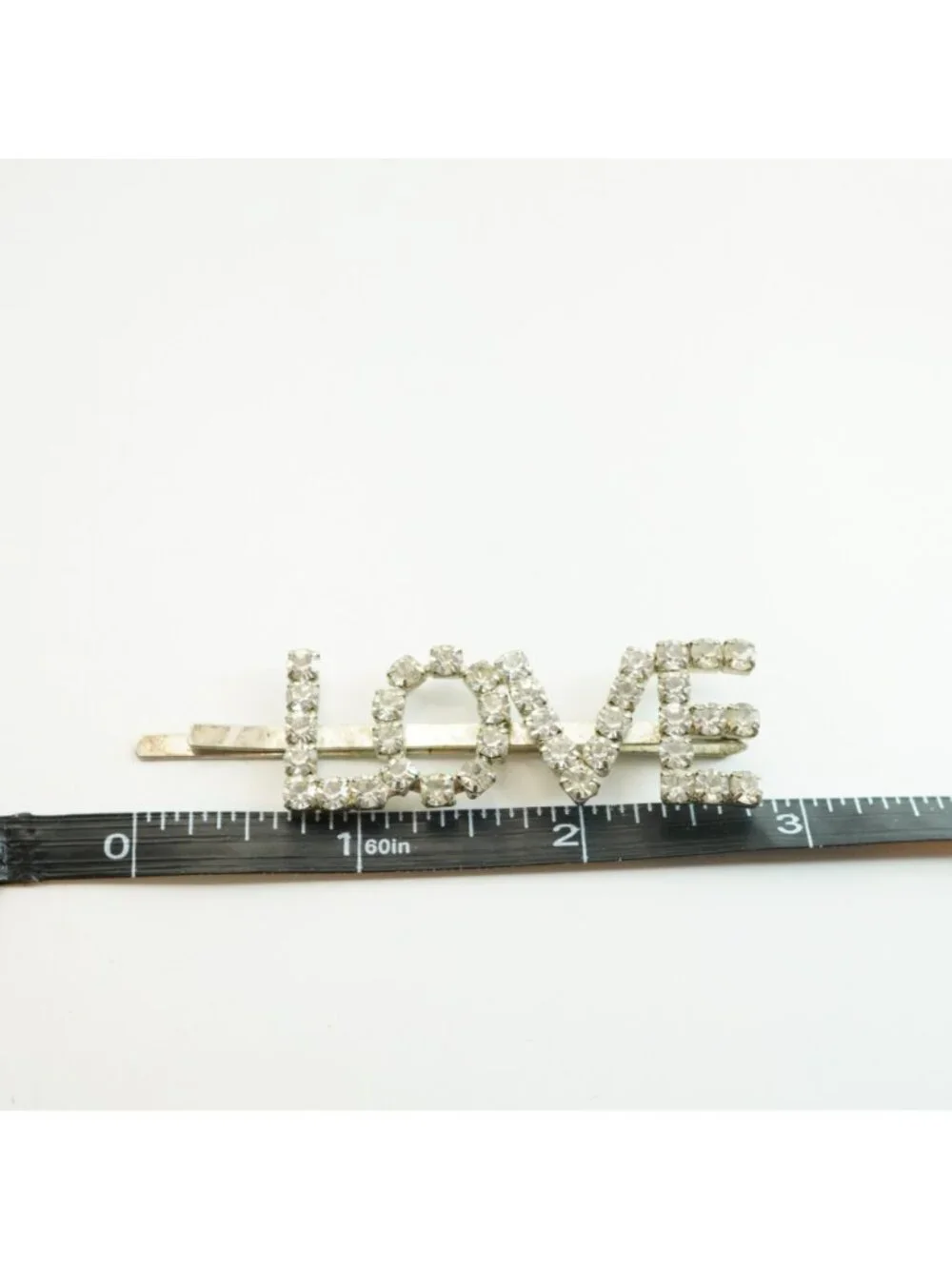 Vintage Silver Tone Rhinestone LOVE Hair Clip Barrette Romantic Valentine's
